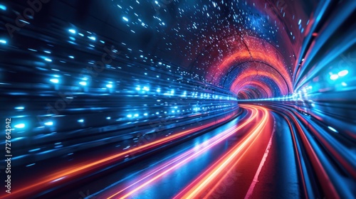 Long exposure shot of a vehicle speeding through a vibrant illuminated tunnel, capturing the dynamic essence of motion and light