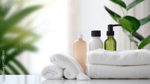 White bottles of soap or shampoo on the table in the bathroom. White cotton towels are stacked. Stylish interior and hygiene items.