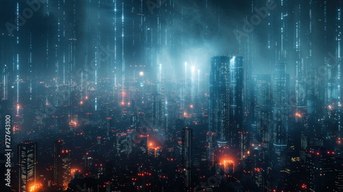 A mesmerizing cyberpunk cityscape at night with vertical neon lights and fog, evoking a sense of futuristic urban life and digital innovation