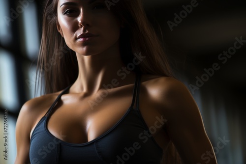 Fit female athlete flaunting sculpted abs in sportswear, fitness and wellness stock photo