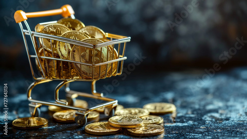 Golden coins in a miniature shopping cart, representing concepts of wealth accumulation, investment, financial planning, and economy