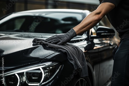 Man detailing black car with microfiber cloth for ultimate shine and superior finish © sorin