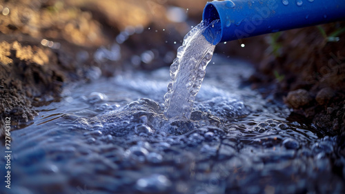 Crystal clear water flowing from a blue PVC pipe into the ground, depicting water supply and irrigation in an agricultural or rural setting