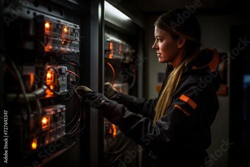Female electrician in safety gear working on a fuse box with commercial perspective