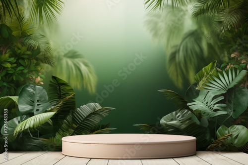 Central green podium amidst dense, dark green tropical plants. Concept for eco-friendly product display.