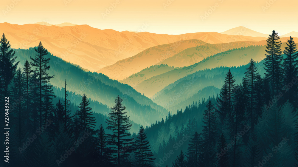 Illustration of a serene sunset shining over a pine forest and mountains in modern monochrome style