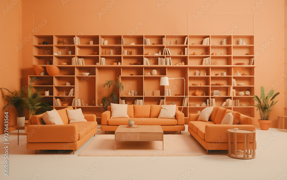 Imagine yourself relaxing in this cozy living room, surrounded by the warm glow of orange hues. Created with generative AI