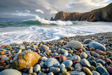 Pebble Shore with Multicolored Stones and Crashing Waves