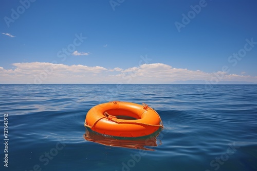 Red and white lifebuoy floating on the calm blue sea surface, nautical safety equipment