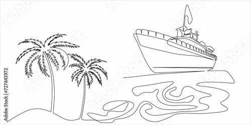 continuous line drawing of palm trees and yachts