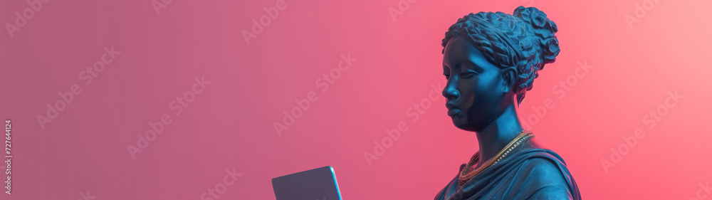 An ancient greek statue of black woman with afro hair working on a laptop in a stylish office. Carved from black obsidian. isolated on background. copy space