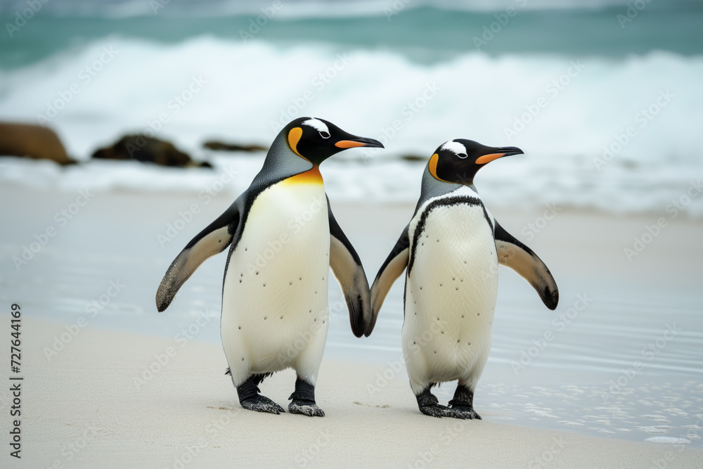 Fototapeta premium Two penguins with distinct orange markings, walking side by side on a sandy beach with gentle waves breaking along the shoreline