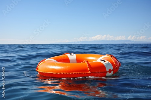 Lifebuoy floating in the serene blue sea, essential safety equipment for water activities.