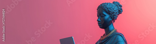 An ancient greek statue of black woman with afro hair working on a laptop in a stylish office. Carved from black obsidian. isolated on background. copy space photo