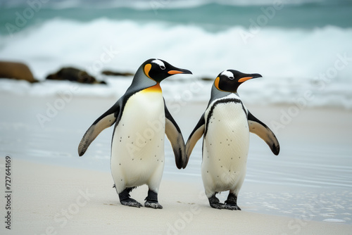 Two penguins with distinct orange markings, walking side by side on a sandy beach with gentle waves breaking along the shoreline