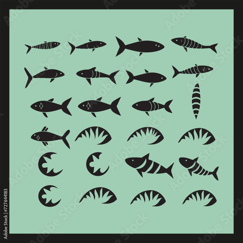 fish bone line icon silhouette set © Shamima