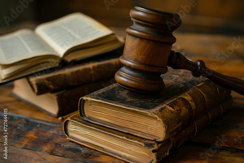 A wooden gavel rests on a stack of antique law books, symbolizing justice and legal education