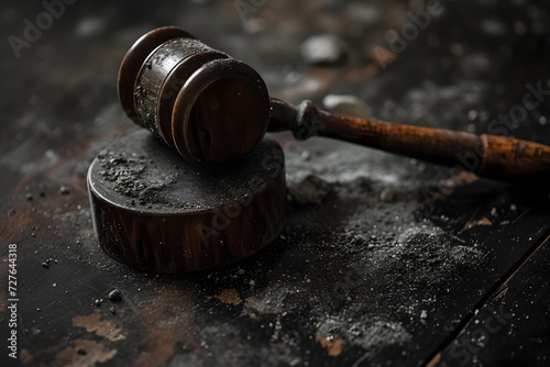 A wooden gavel rests on a rustic board, evoking legal proceedings and pronouncements of justice photo