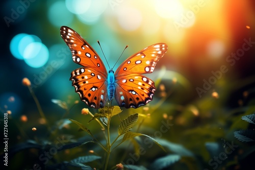 Closeup of a vibrant butterfly on a blooming flower, with a blurred or bokeh background of a lush forest 