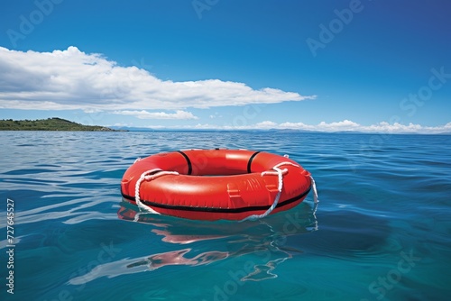 Vibrant orange lifebuoy graciously floating on the boundless turquoise waters of the expansive sea