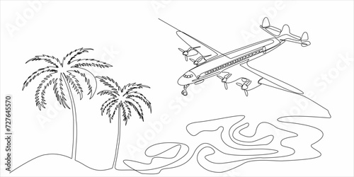 continuous line drawing of palm trees and airplanes