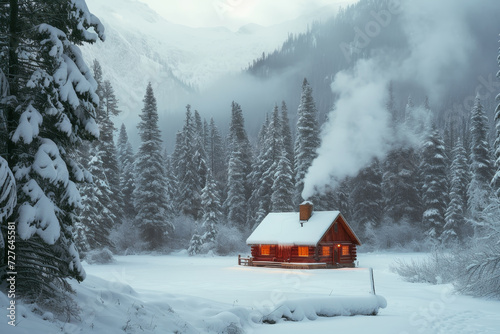 Cozy Cabin in Snowy Forest Clearing with Smoke