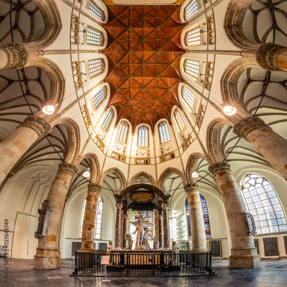 Inside view of the Grote or Sint-Jacobskerk - a church building from the late Middle Ages in the center of The Hague, Netherlands. The original church building was built in the 14th century