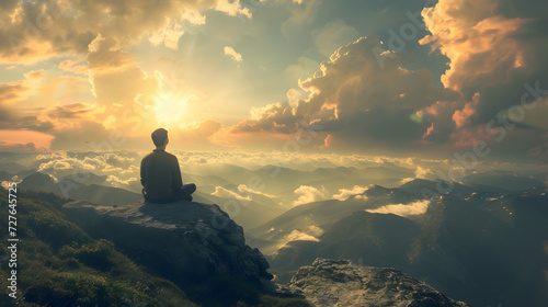 tranquility in meditation or self-contemplation in nature on a mountain peak at sunrise