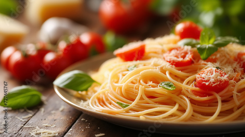 Spaghetti with tomatoes and basil on a plate.