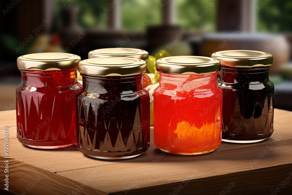 glass jars with jelly in a row on the table. dessert, food, treats. glass jars with jelly in a row on the table. dessert, food, treats.