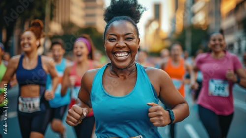 A group of people running a marathon in the city during the day smiling female runner