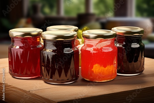 glass jars with jelly in a row on the table. dessert, food, treats.
