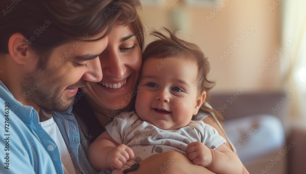 Happy Young Family Cuddling with Smiling Baby at Home Happy Young Family Cuddling with Smiling Baby at Home