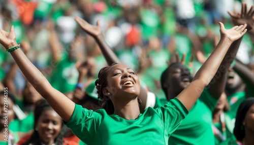 Joyful Crowd Cheering in Green at a Sports Event © Hannes