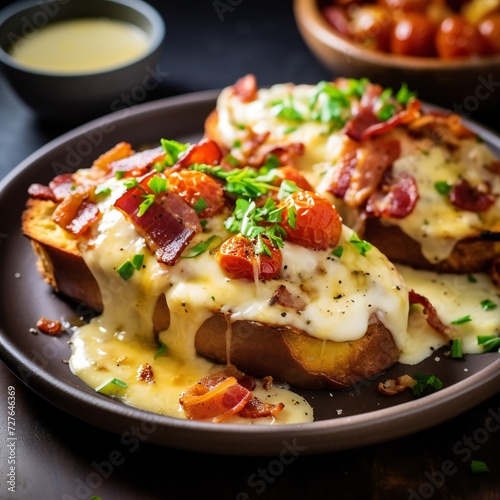 Kentucky Hot Brown, open sandwiches with ham, mornay sauce, cheddar cheese, topped with fried slices of bacon and grilled cherry tomatoes on plate on dark wooden table, close-up