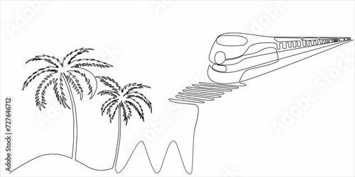 continuous line drawing of palm trees and train
