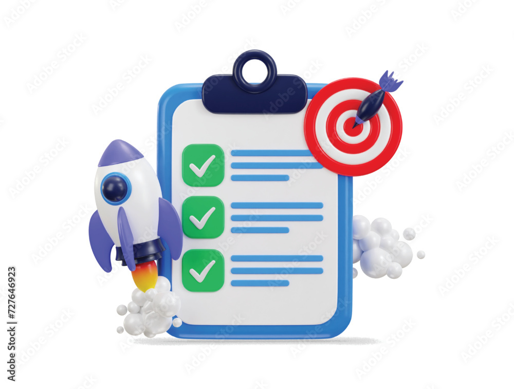 3d clipboard with todo checklist target on aim with rocket for self growth icon illustration 3d clipboard with todo checklist target on aim with rocket for self growth icon illustration