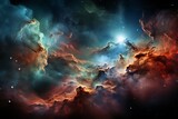 The background of a galaxy shrouded in misty clouds and illuminated by bright stars. Blurred red, blue and green shades of nebulae