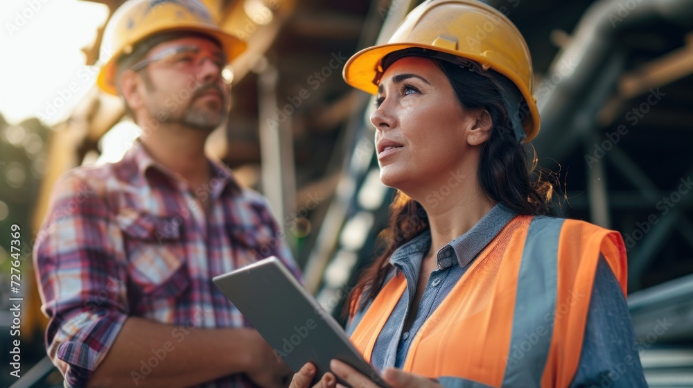 Hispanic woman talks with Caucasian male land development manager with tablet on construction site of real estate project Excavator preparing to lay the foundation Hispanic woman talks with Caucasian male land development manager with tablet on construction site of real estate project Excavator preparing to lay the foundation
