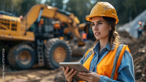 Hispanic woman talks with Caucasian male land development manager with tablet on construction site of real estate project Excavator preparing to lay the foundation