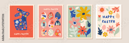 Happy Easter, decorated geometric style Easter card set. Bunnies, Easter eggs, flowers and basket in modern bold minimalist style. Abstract flowers, bunnies and eggs. © jennylipmic