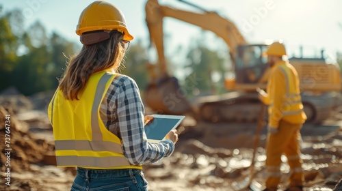 Hispanic woman talks with Caucasian male land development manager with tablet on construction site of real estate project Excavator preparing to lay the foundation