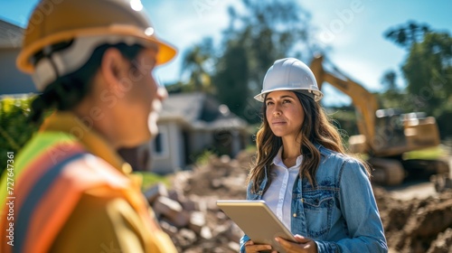 Hispanic woman talks with Caucasian male land development manager with tablet on construction site of real estate project Excavator preparing to lay the foundation