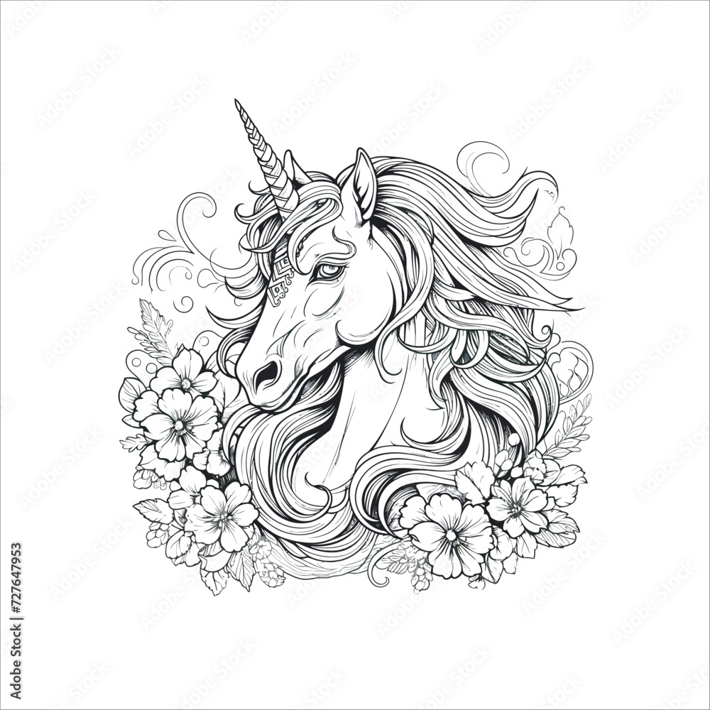 Cute unicorn with flowers. Amazing outline for coloring book