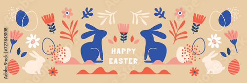 Boho Easter concept design, bunnies, eggs, flowers and rainbows in pastel and terracotta colors, flat banner vector illustrations.
