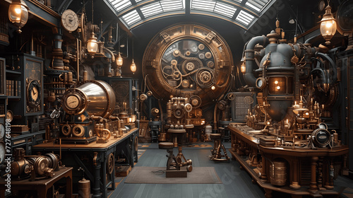 Victorianera laboratory with steampunk inventionstime machines and etheric devices An inventors sanc Generative AI photo