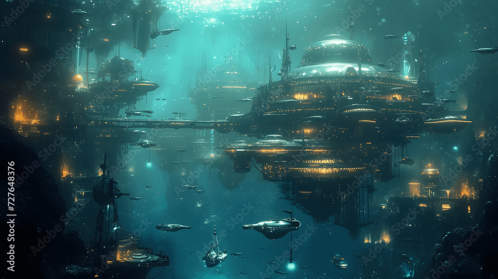 underwater alien citybioluminescent structures and floating aquatic creatures an ethereal and serene Generative AI