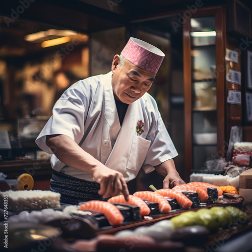 A chef preparing sushi in a Japanese restaurant.
