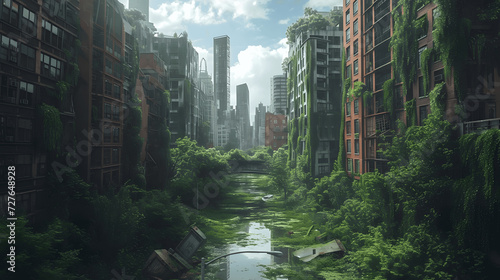 postapocalyptic urban jungleovergrown skyscrapers and reclaimed streets by nature a world where huma Generative AI
