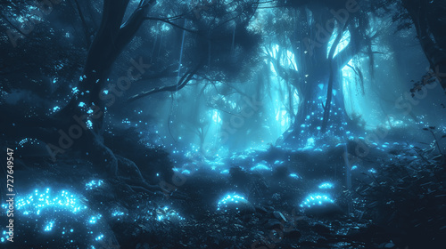 luminous fungal forestbioluminescent creatures and spore mists an eerie yet captivating forest where Generative AI